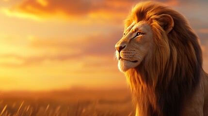 Poster - Regal lion portrait with glowing golden mane illuminated by sunset light, perfect for adding text. Generative AI