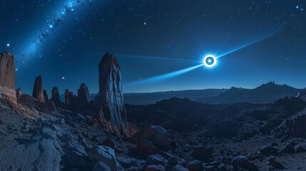 Poster - Blue glowing light flash with lens flare effect. Shining sun with halo and sparkling beams. Bright twinkling luminous star radiance on transparent background