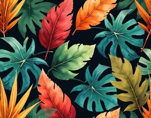 Leinwandbilder - Watercolor seamless pattern of vivid tropical leaves on dark background. Floral design with red, orange, green, blue jungle foliage. Exotic decorative plant texture for wallpapers, fabrics.