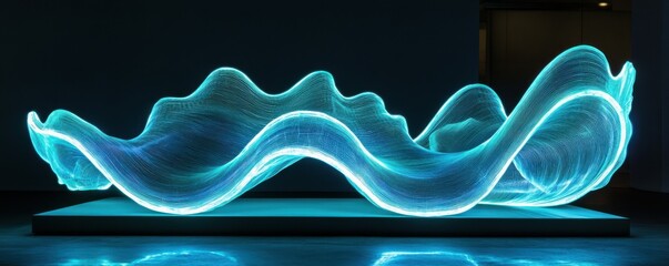 Poster - Luminescent abstract light sculpture with flowing wavy lines in dark room