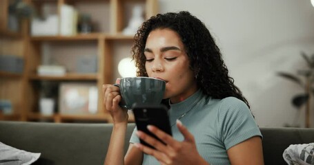 Aufkleber - Coffee, happy and woman with smartphone, home and laughing at social media post, online and relax. Living room, drinking and person with mobile for entertainment, funny and reading of blog in house