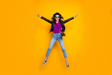 Wall Mural - full size photo of cheerful funny hipster jump enjoy weekends journey wear denim jeans clothes good 