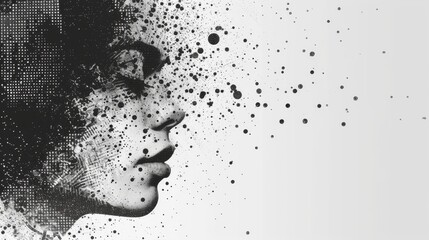 Aufkleber - A captivating halftone profile of a woman in black and white, with dynamic scatter effects blending modern art with classic styles. Perfect for editorial and creative uses. AI generated.