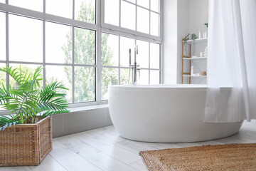 Wall Mural - Bathtub with curtain and houseplant near window in interior of modern bathroom