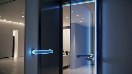 Poster - Illuminated glass door enhancing a modern office interior, creating a futuristic and sophisticated atmosphere with a sleek design and elegant blue glow, inviting a sense of innovation