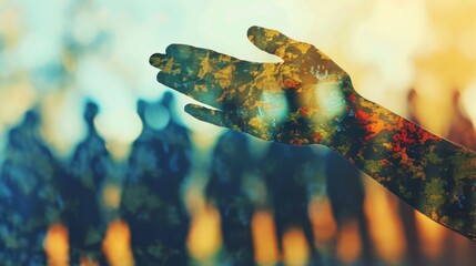 Aufkleber - Creative artwork showcasing a hand silhouette filled with abstract, vibrant colors and textured layers, blending human and natural elements in a surreal style. AI generated.