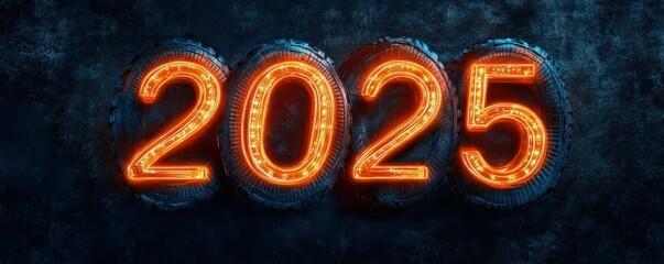Poster - Glowing neon 2025 numbers on dark textured background