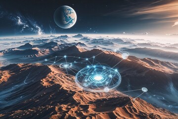 Poster - Cosmic Global Connections: Synthesized Technology in Abstract Terrain Visuals