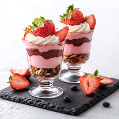 Wall Mural - Strawberry parfaits with layers of granola, mousse, and fresh cream, garnished with strawberries and blueberries on a dark slate plate.