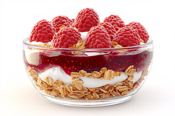 Wall Mural - Layered parfait of granola, yogurt, raspberry jam, and fresh raspberries served in a clear glass bowl.