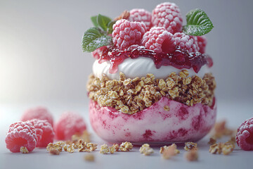 Wall Mural - Layered raspberry parfait with granola, yogurt, and mint garnish, dusted with sugar.