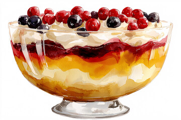 Canvas Print - Watercolor dessert layers of custard, jelly, and berries, served in a clear trifle bowl.