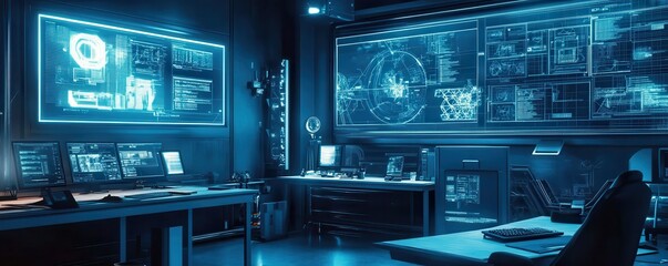 Poster - High-tech control room with multiple digital displays and advanced technology