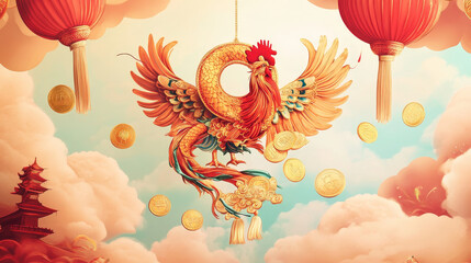 Wall Mural - Chinese New Year greeting card. Chinese knot ornament with fiery rooster, gold coins and flying dragon, decorated by clouds and swirling lines. Good luck charm for Chinese New Year poster design