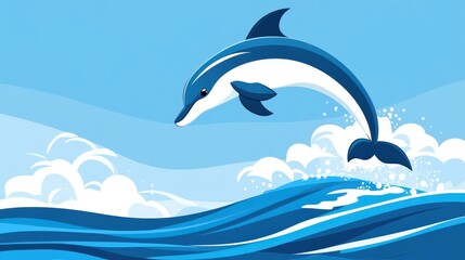 Poster - A sleek dolphin leaps gracefully from waves, captured in a clean, minimalistic D style, exuding modern charm.