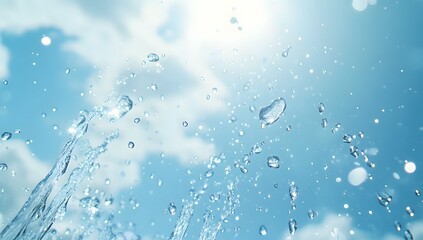 Poster - Radiant Sunlight Illuminating Water Droplets in Motion Against a Pale Azure Sky