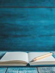 Poster - Open notebook with pencil on bright wooden desk in spacious setting ready for creative writing or note taking. Generative AI