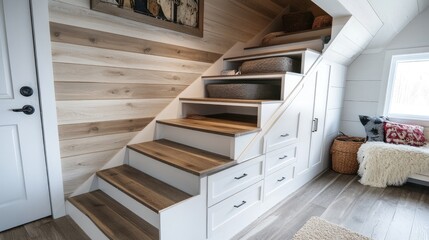 Poster - Creative under-stairs storage solution with pull-out drawers and shelves.