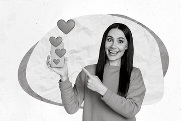 Poster - 3d retro creative collage artwork template of smiling funny lady pointing modern device 14 february isolated painting background