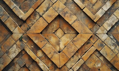 Poster - Geometric Brick Pattern with a hint of Green plant,  Aged Clay Bricks Texture with Nature details