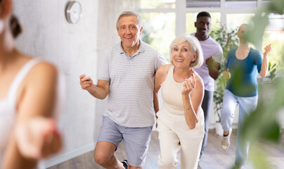 Wall Mural - Senior man learns to dance Latin salsa dance with elderly lady. Dance studio mature clients move in background