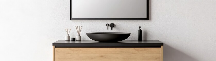 Wall Mural - Sleek floating vanity with a frameless mirror, high-end simplicity in a monochrome setting