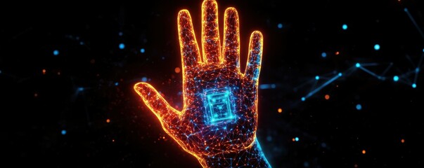 Poster - Futuristic digital hand with glowing technology interface and network connections
