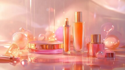Poster - Soft, dreamy display of beauty products with a glowing background.