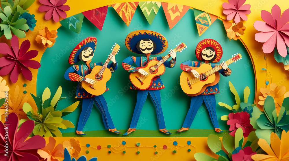 Viva mexico paper cut banner with mariachi musicians and mexican flag ...