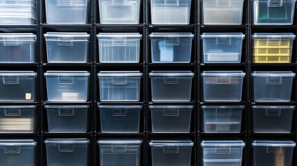 Poster - Transparent plastic storage bins neatly arranged on industrial metal shelves.