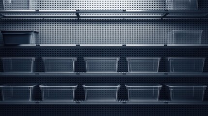 Poster - Transparent plastic storage bins neatly arranged on industrial metal shelves.