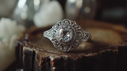 Poster - Vintage-style engagement ring with intricate filigree details.