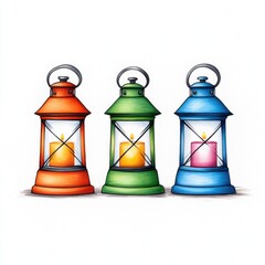 Wall Mural - Colorful Lanterns with Candles in Orange, Green, and Blue Against a White Background for Decorative Use