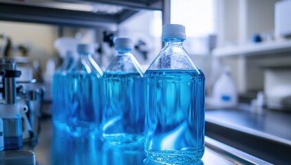 Aufkleber - Row of Clear Blue Liquid Filled Plastic Bottles in a Modern, Well-Equipped Laboratory Setting