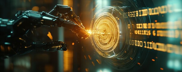 Poster - Futuristic robot arm interacting with glowing digital interface in high-tech environment