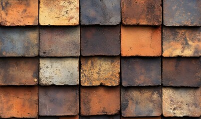 Poster - Close-up shot of a textured clay tile roof pattern with varied color