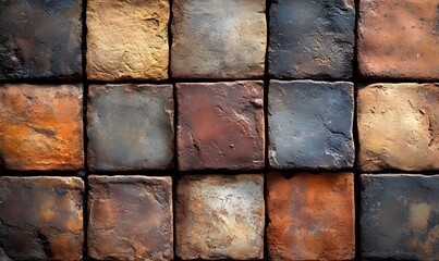 Poster - Textured Square Tile Arrangement in Varied Earthy Hues with Rough Surfaces