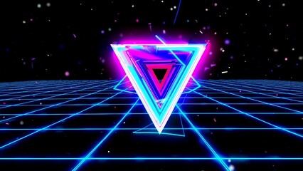 Wall Mural - Glowing neon triangles float over a retro grid in a digital world, creating a vibrant and futuristic scene with a touch of 80s nostalgia, perfect for any project needing a retro-futuristic vibe