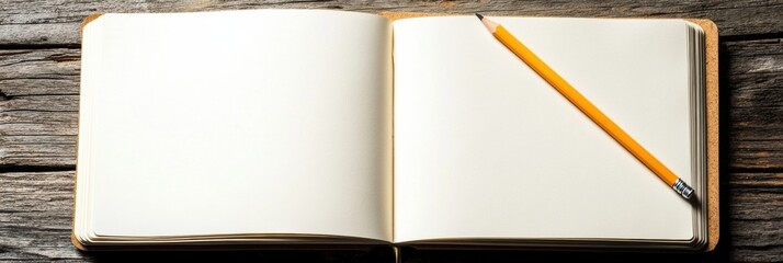 Poster - Open notebook with a pencil on a bright wooden desk inviting creativity and ideas in a spacious workspace. Generative AI