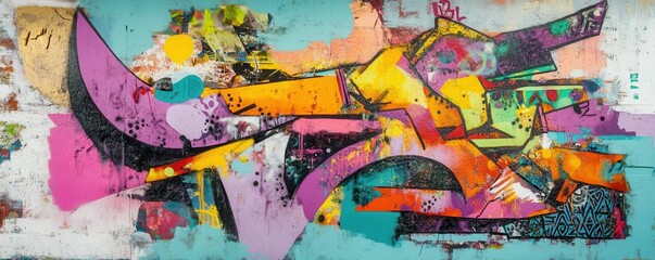 Poster - Vibrant abstract graffiti exploding with colorful geometric patterns on urban wall