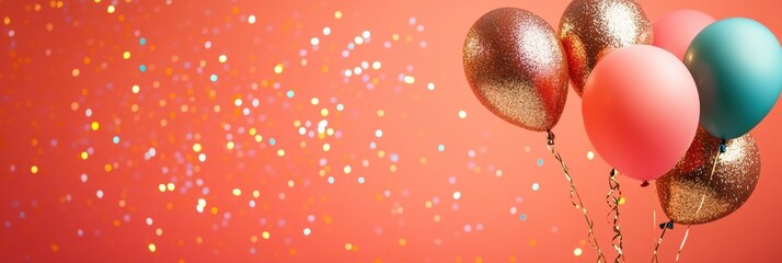 Poster - Celebrate with colorful balloons and shimmering tinsel at a minimalist party backdrop for joyful moments. Generative AI