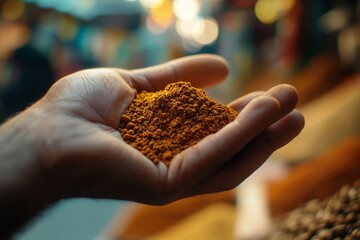 Wall Mural - pinch of curry powder held between fingers, with the soft blur of a spice market in the background