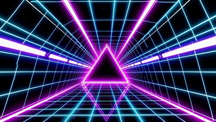 Poster - bright neon synthwave retro triangle tunnel featuring vibrant blue and purple lights. creating an en