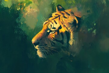 Poster - Vibrant impressionist tiger portrait set against a lush jungle background with ample space for creative text. Generative AI