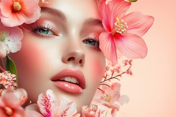 Wall Mural - Beauty model surrounded by vibrant floral arrangements showcasing skincare products