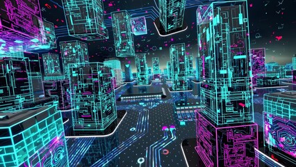 Poster - Glowing holographic buildings rising from a circuit board represent a metaverse city, symbolizing digital innovation, virtual reality, and the interconnected future of urban landscapes