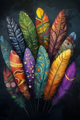 Wall Mural - Vibrant plumage against a backdrop brimming with vivid feathers, crafted as a fantasy illustration using advanced image technology