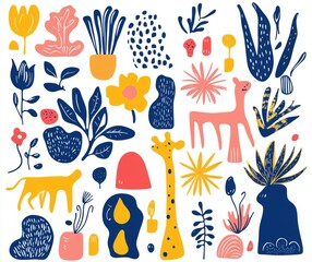 Wall Mural - A collection of trendy doodles and abstract nature icons on an isolated background. This colorful summer set features unique organic shapes in a freehand art style, including people, floral art, and