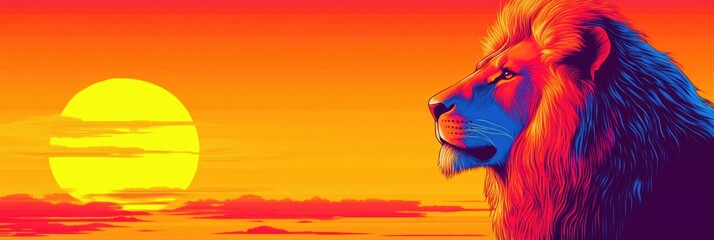 Aufkleber - A vibrant savanna sunset with a bold pop art lion portrait illustrating strength and serenity. Generative AI