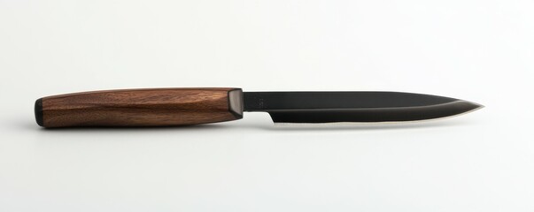 Sleek wooden handled knife with sharp black blade on light background